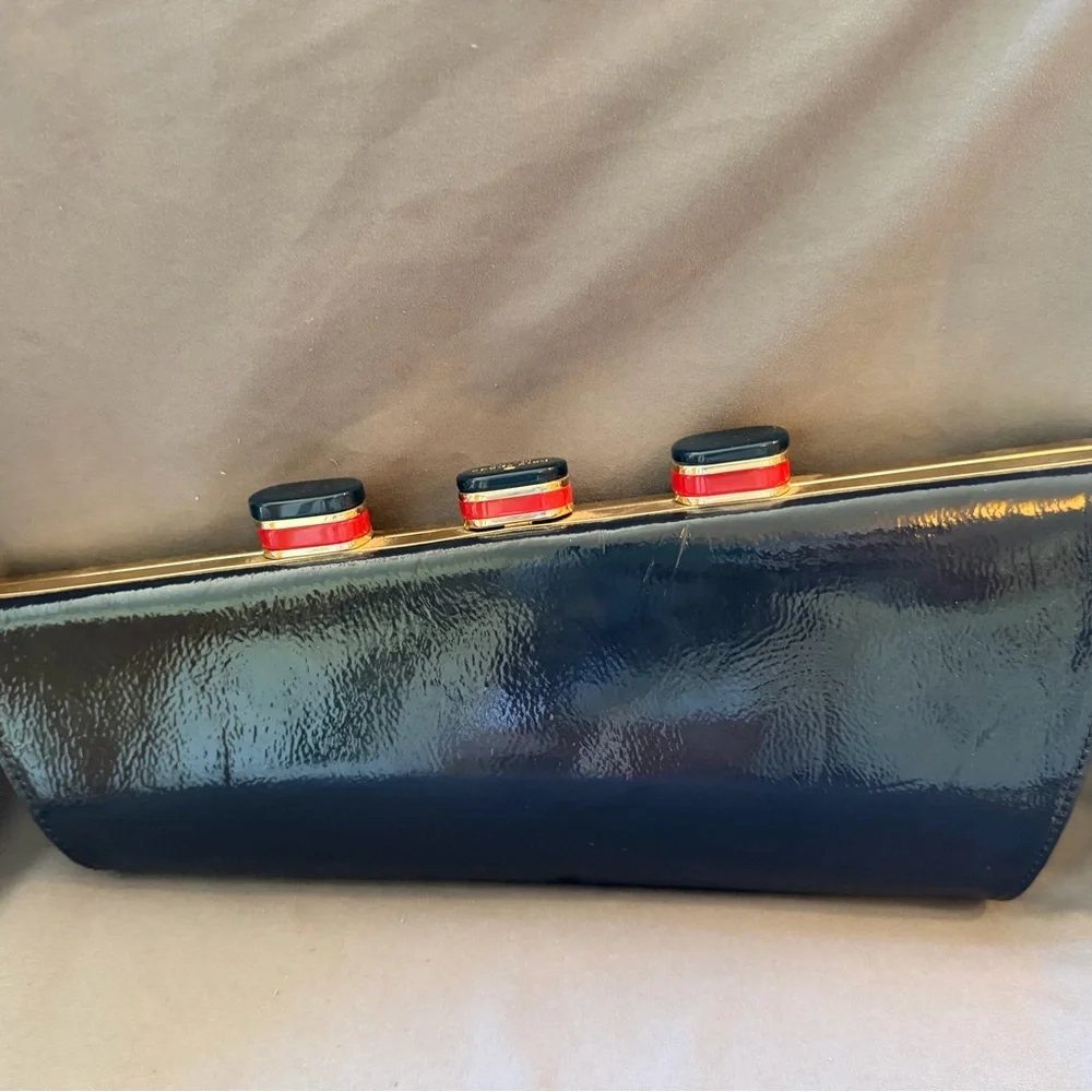 Kate Spade New York Navy Patent Clutch Clasp w/ Striped Lining novelty ship